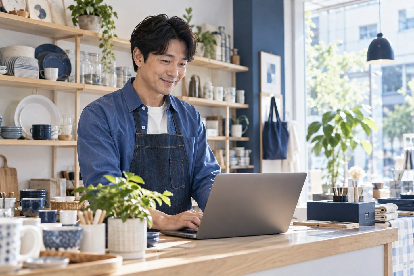 매장 카운터에서 휴대용 기기를 확인하는 운영자 — 배달대행 PG결제 가입비가입비, 켜는 날 장부 첫 줄은 0원입니다. 연락 주시면 남는 줄까지 읽어 드려요.